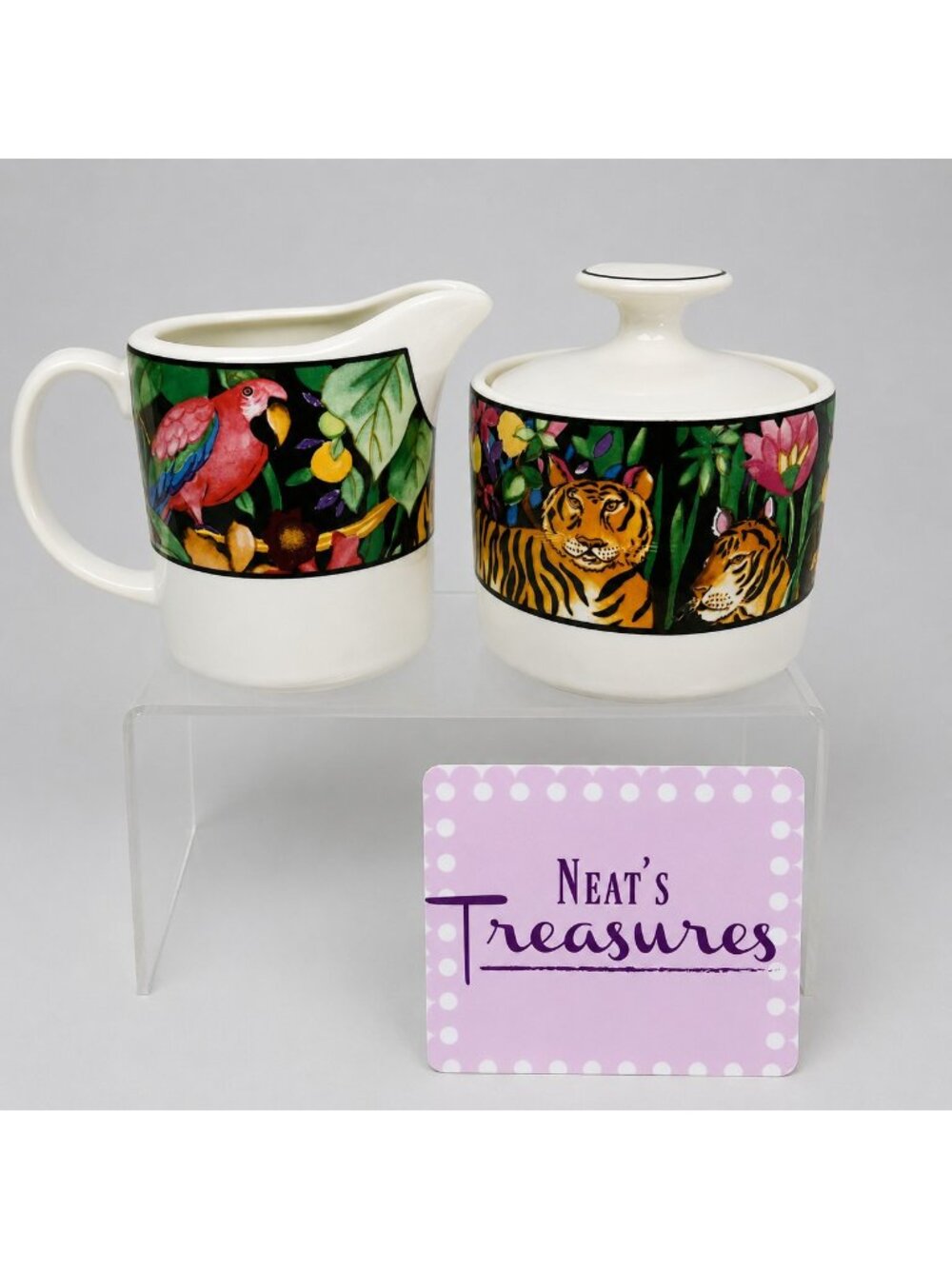 90 Vitromaster Sue Zipkin RAIN FOREST Tropical Tiger Bird Sugar Bowl Creamer Set